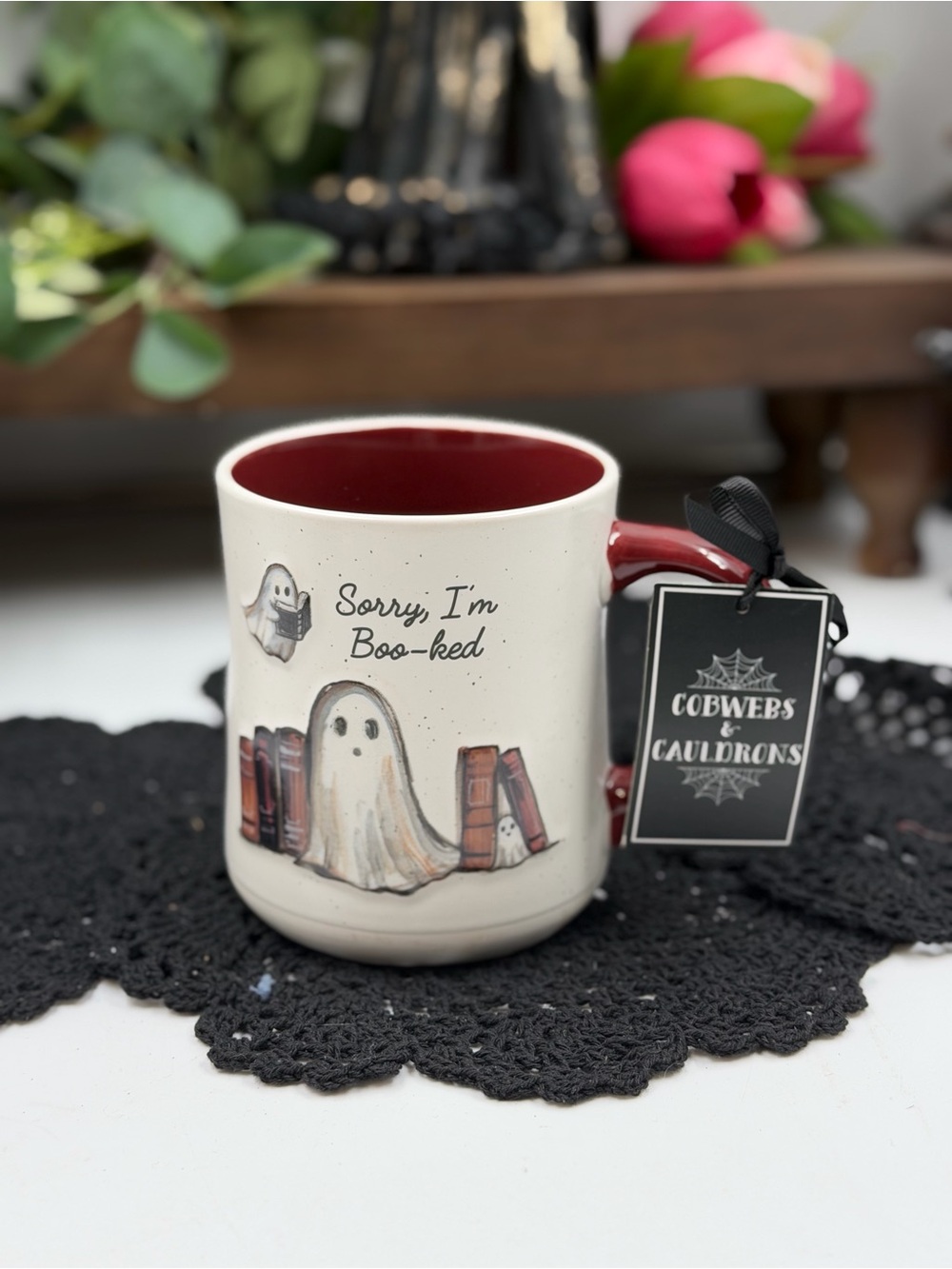 Cobwebs & Cauldrons Sorry I’m Boo-ked Ghost Halloween Mug NWT